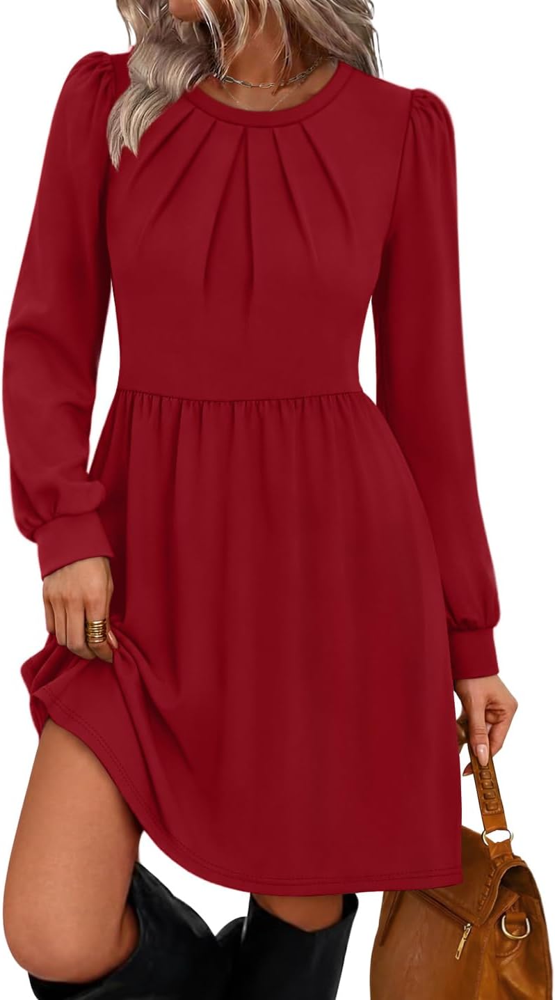 WIHOLL Womens Fall Dresses Long Sleeve Pleated Bust A-Line Pocket Dress | Puff Sleeve,Flattering Fit,Early Fall Fashion,Daily Wear,Business Casual,Front Pleated Detail,Soft Stretch