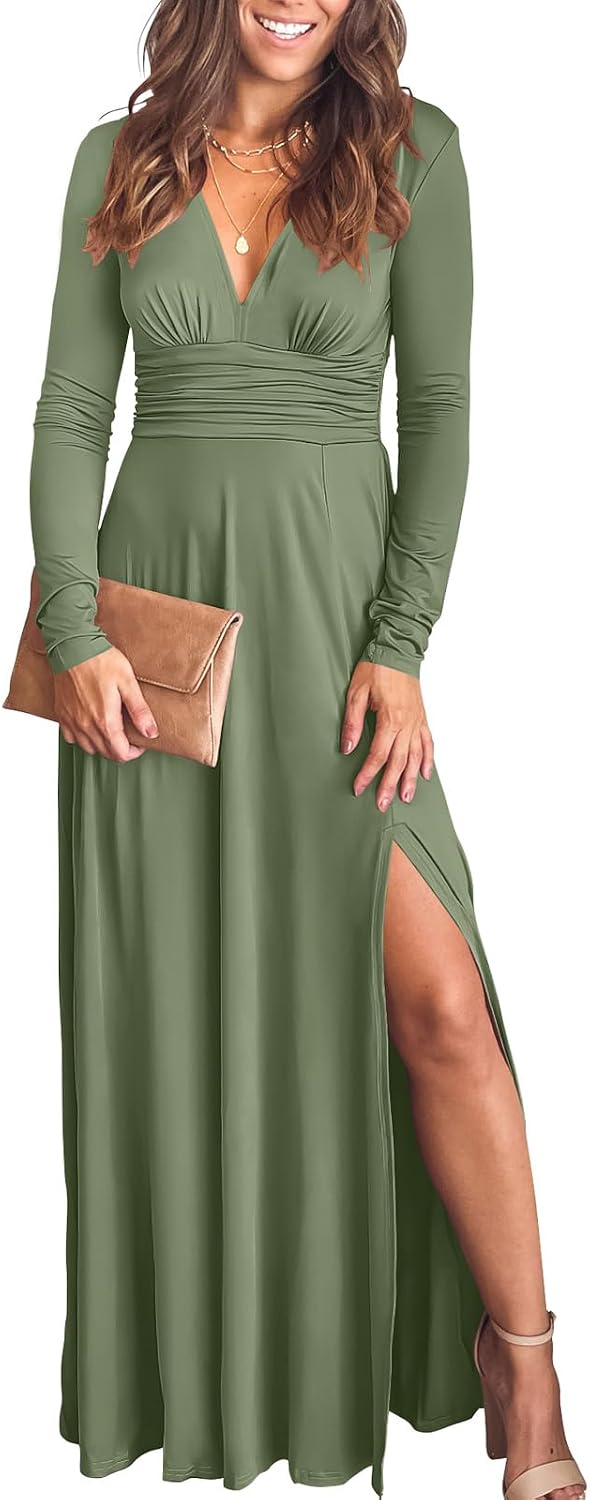 ANRABESS Women Deep V Neck Wedding Guest Formal Maxi Dress | Short Sleeve High Slit Slim Fit，Dressy Elegant Cocktail Evening Long Dress，Prom Party Summer Fall Outfits for Events