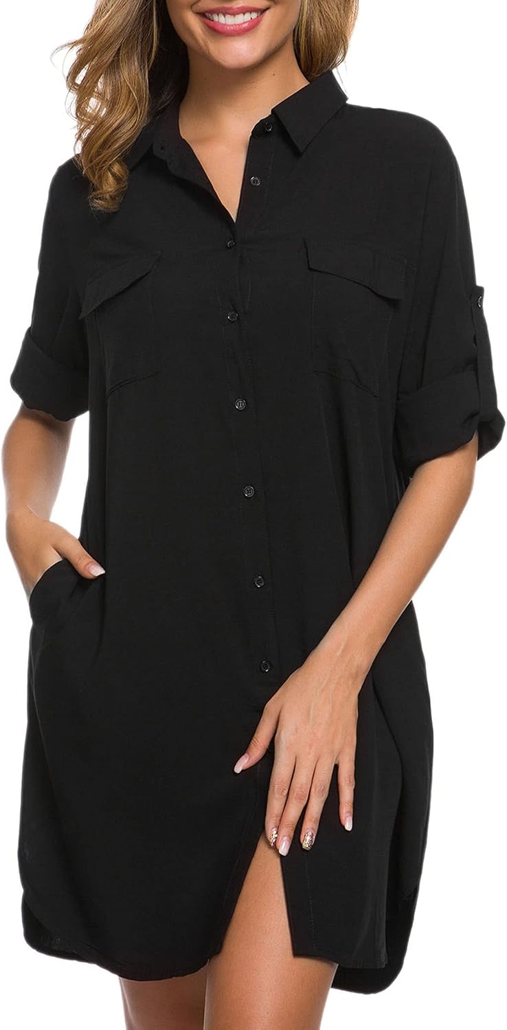 LUSMAY Women's Long Sleeve V Neck Button Down Shirt Dresses Casual Summer Dress with Pocket