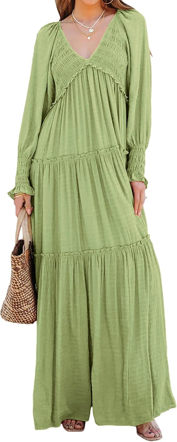 R.Vivimos Long Sleeve V Neck Flowy Maxi Dresses for Women | Lightweight Fabric, Empire Waist, Layered Ruffle Hem, Boho Casual Long Dress, Daily Wear, Beach Vacation Clothes