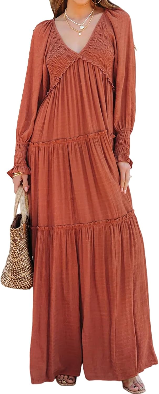 R.Vivimos Long Sleeve V Neck Flowy Maxi Dresses for Women | Lightweight Fabric, Empire Waist, Layered Ruffle Hem, Boho Casual Long Dress, Daily Wear, Beach Vacation Clothes