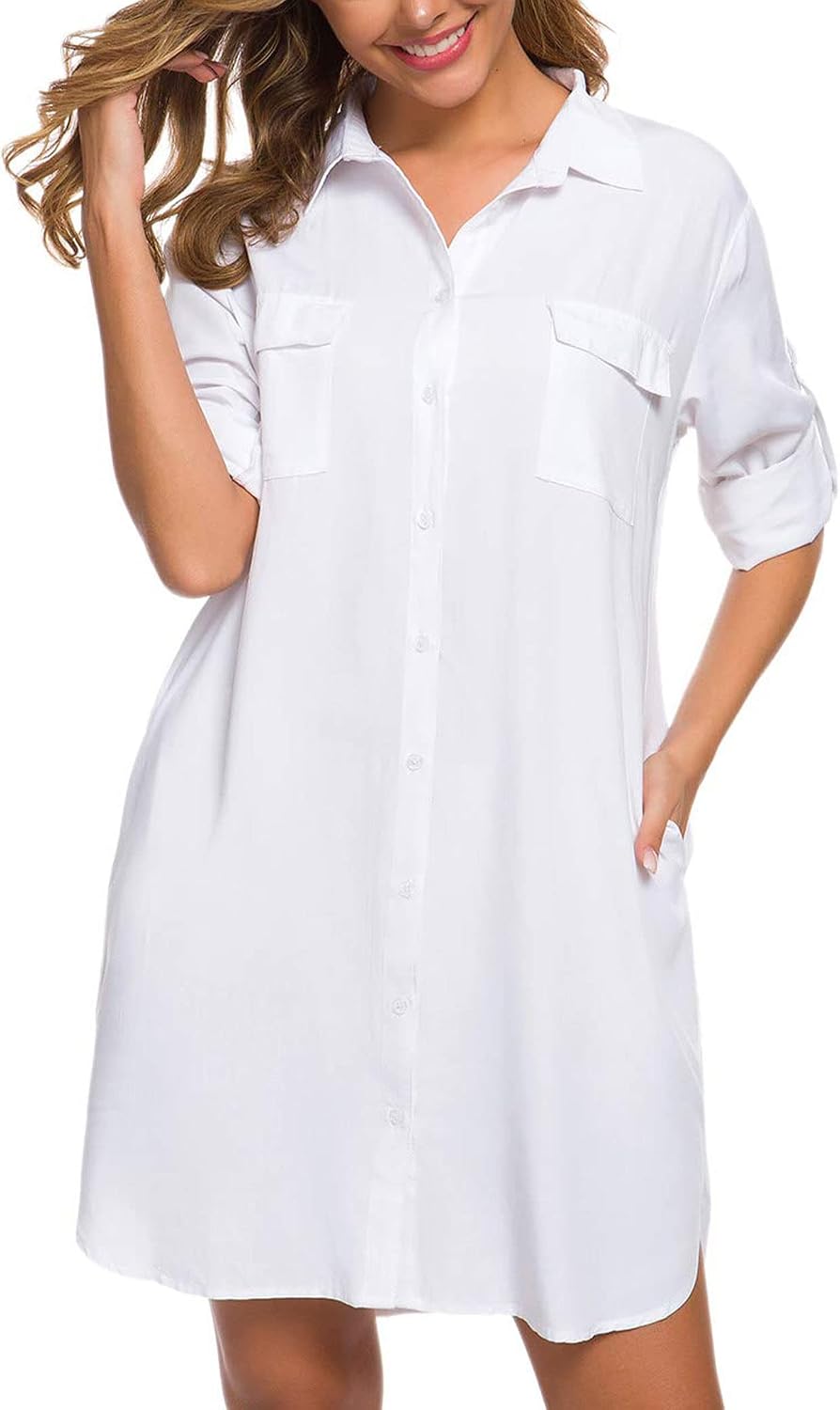 LUSMAY Women's Long Sleeve V Neck Button Down Shirt Dresses Casual Summer Dress with Pocket