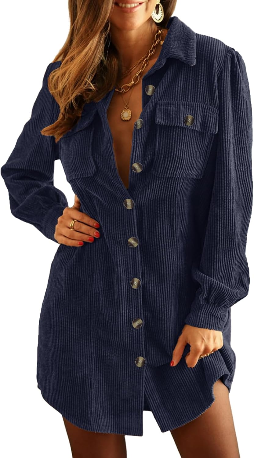 Alaster Queen Women's Corduroy Long Sleeve Button Work Tunic Short Dresses | Lapel V Neck Dress,Corduroy Fabric,Two Patch Pockets and Slant Pockets,Daily Wear,Outdoor,2026 Trendy Fall Winter Clothes