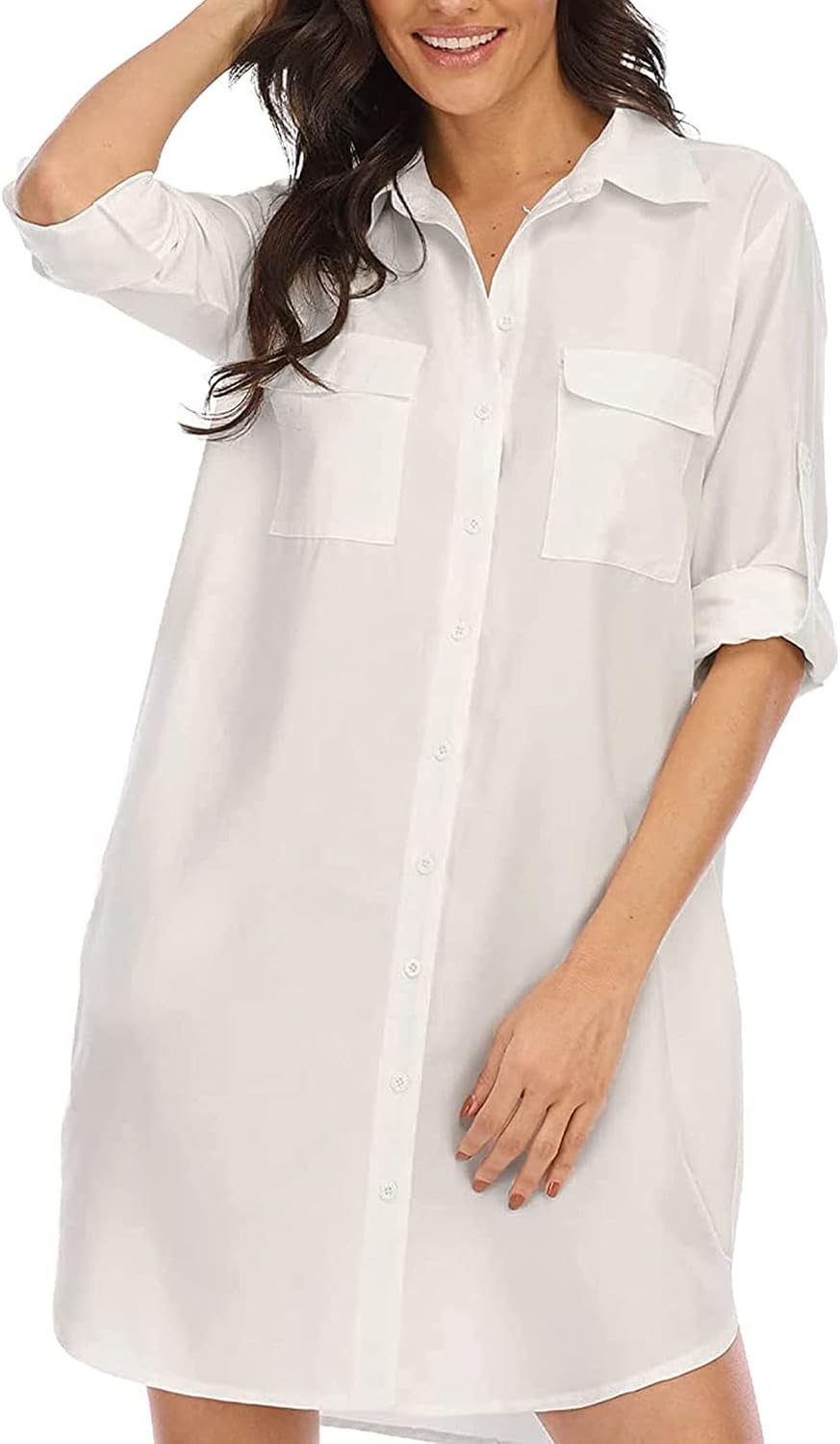 LUSMAY Women's Long Sleeve V Neck Button Down Shirt Dresses Casual Summer Dress with Pocket