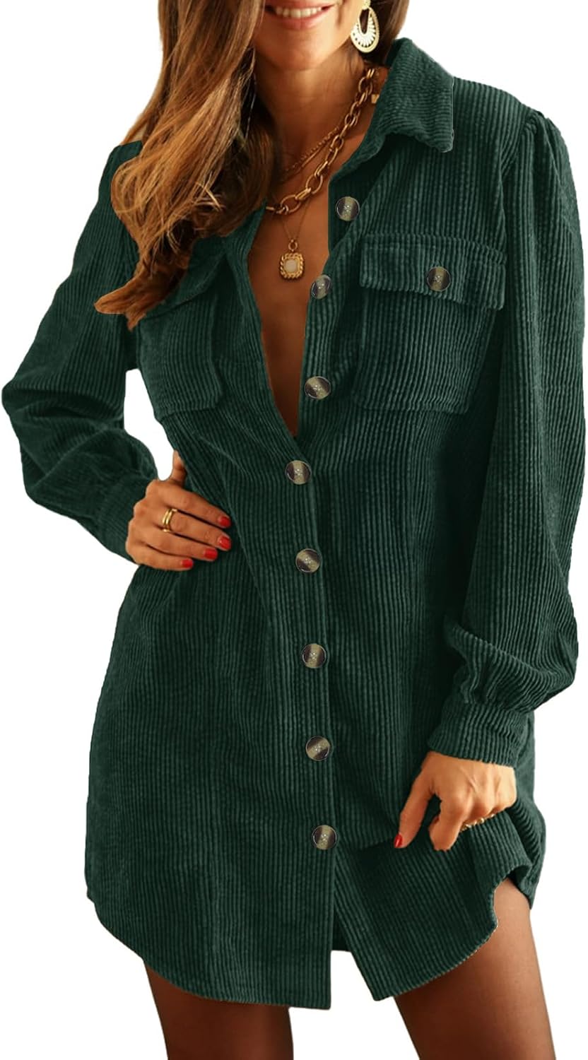 Alaster Queen Women's Corduroy Long Sleeve Button Work Tunic Short Dresses | Lapel V Neck Dress,Corduroy Fabric,Two Patch Pockets and Slant Pockets,Daily Wear,Outdoor,2026 Trendy Fall Winter Clothes
