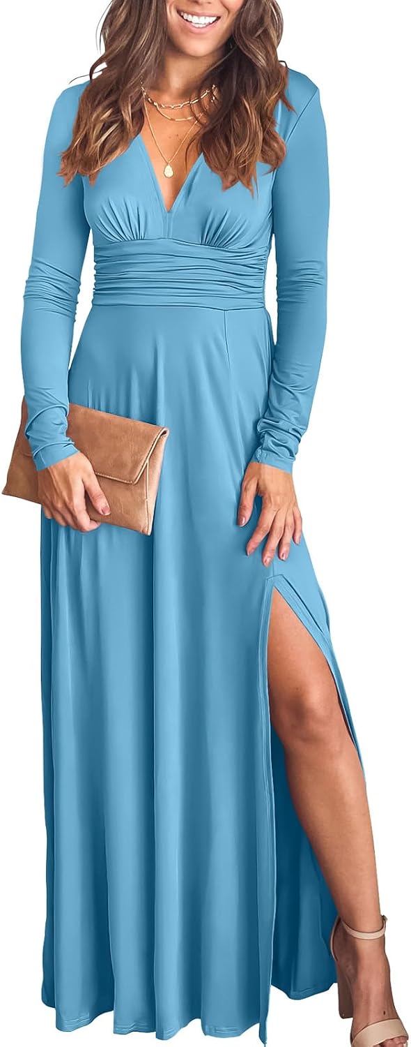 ANRABESS Women Deep V Neck Wedding Guest Formal Maxi Dress | Short Sleeve High Slit Slim Fit，Dressy Elegant Cocktail Evening Long Dress，Prom Party Summer Fall Outfits for Events
