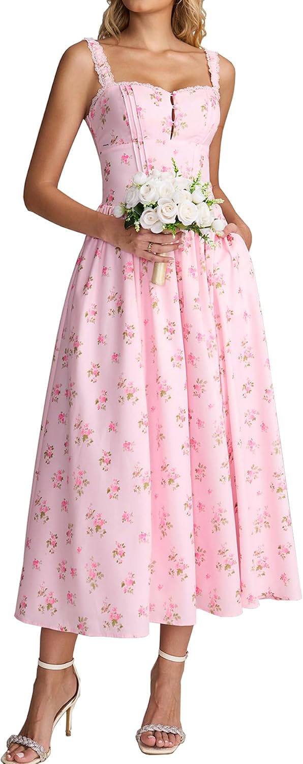 KUTUMAI Women Summer Corset Midi Floral Wedding Guest Dresses with Pockets | Lace Neck, Smocked Back, Flowy A Line Sundress for 2026 Engagement Photoshoot Bridal Shower Garden Party