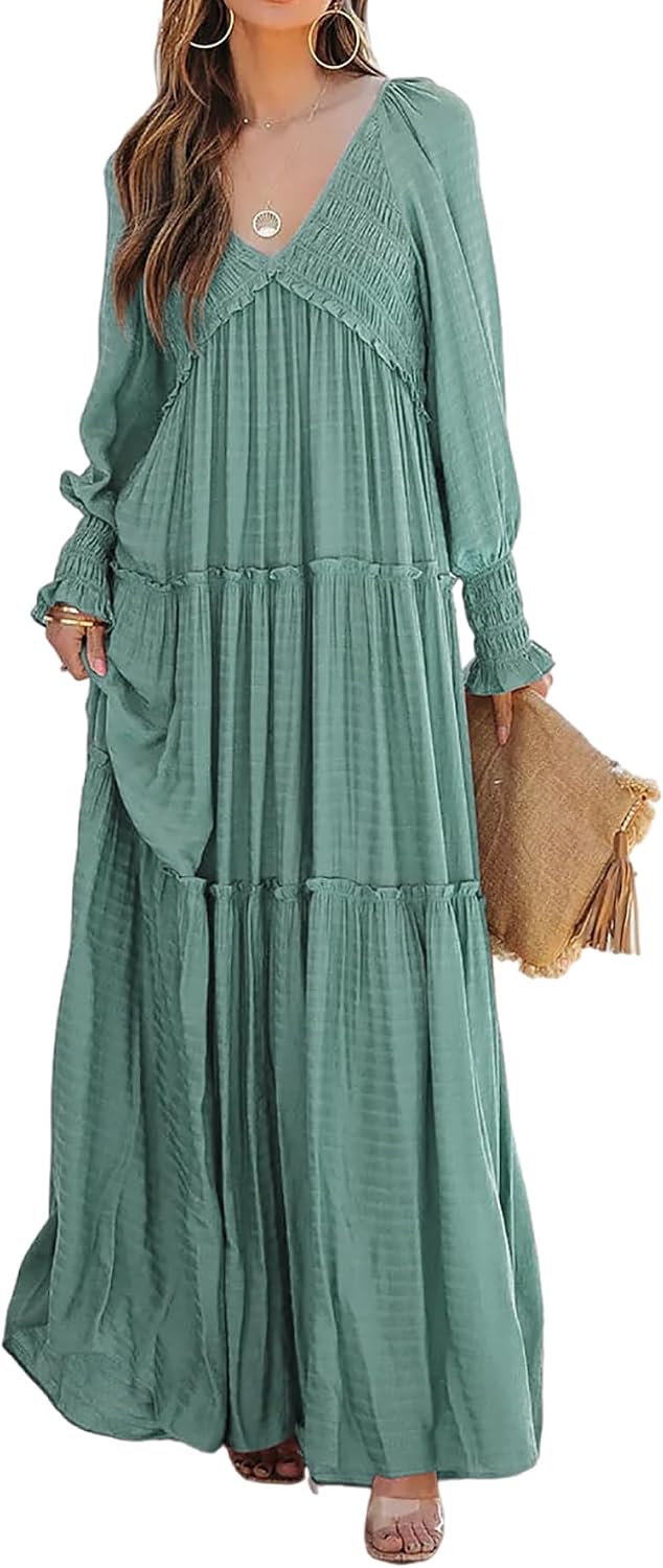 R.Vivimos Long Sleeve V Neck Flowy Maxi Dresses for Women | Lightweight Fabric, Empire Waist, Layered Ruffle Hem, Boho Casual Long Dress, Daily Wear, Beach Vacation Clothes