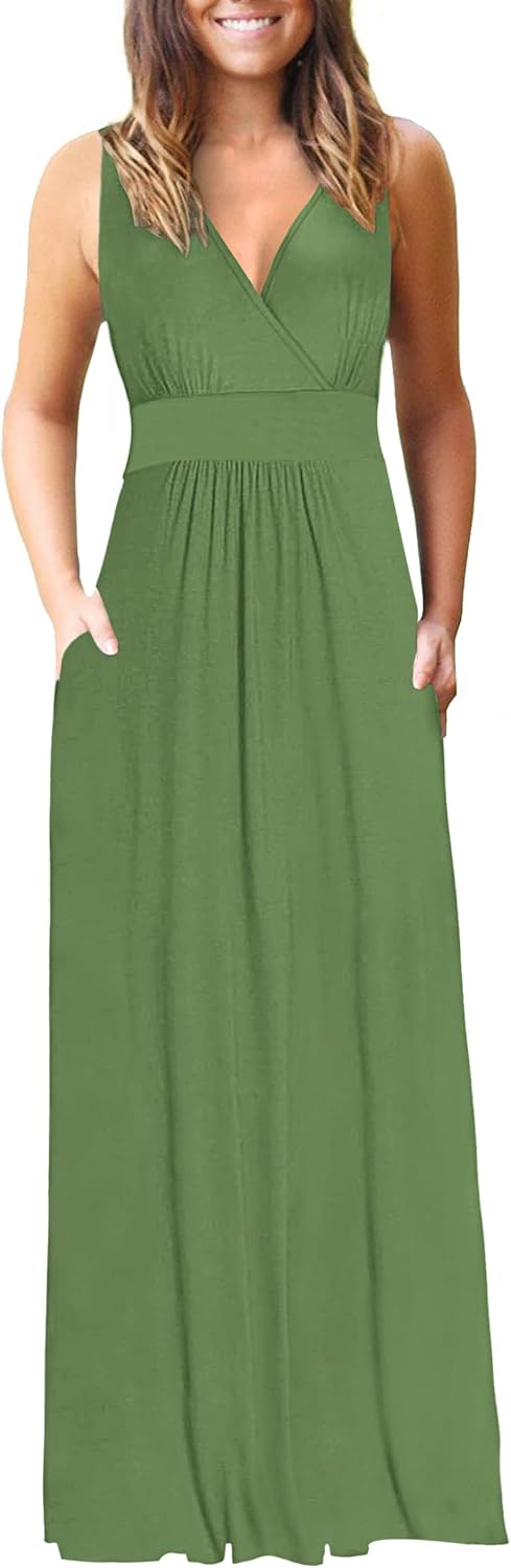 AUSELILY Maxi Dresses for Women Summer Casual Sleeveless V Neck Wrap Dress | Sleeveless Long maxi dress with wrap V neck & side pockets, for formal cocktail, beach & casual daily wear