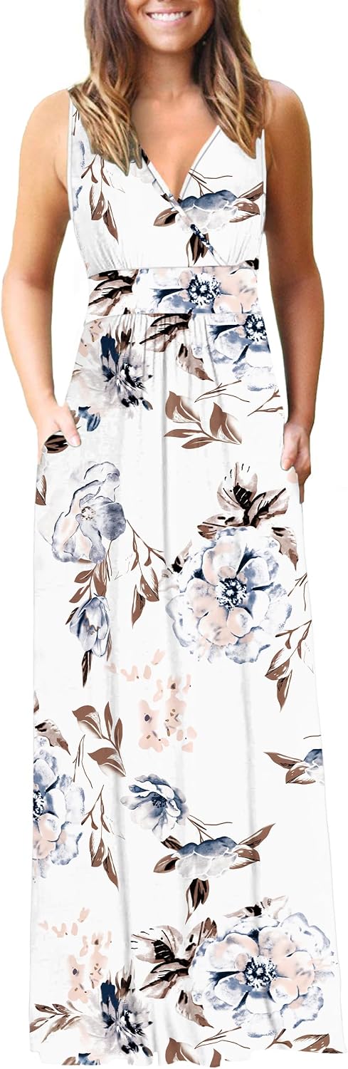 AUSELILY Maxi Dresses for Women Summer Casual Sleeveless V Neck Wrap Dress | Sleeveless Long maxi dress with wrap V neck & side pockets, for formal cocktail, beach & casual daily wear