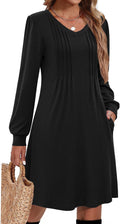 Zeagoo Fall Dresses for Women Long Sleeve Casual Pleated V Neck Dress 2026 A Line Tunic Dress
