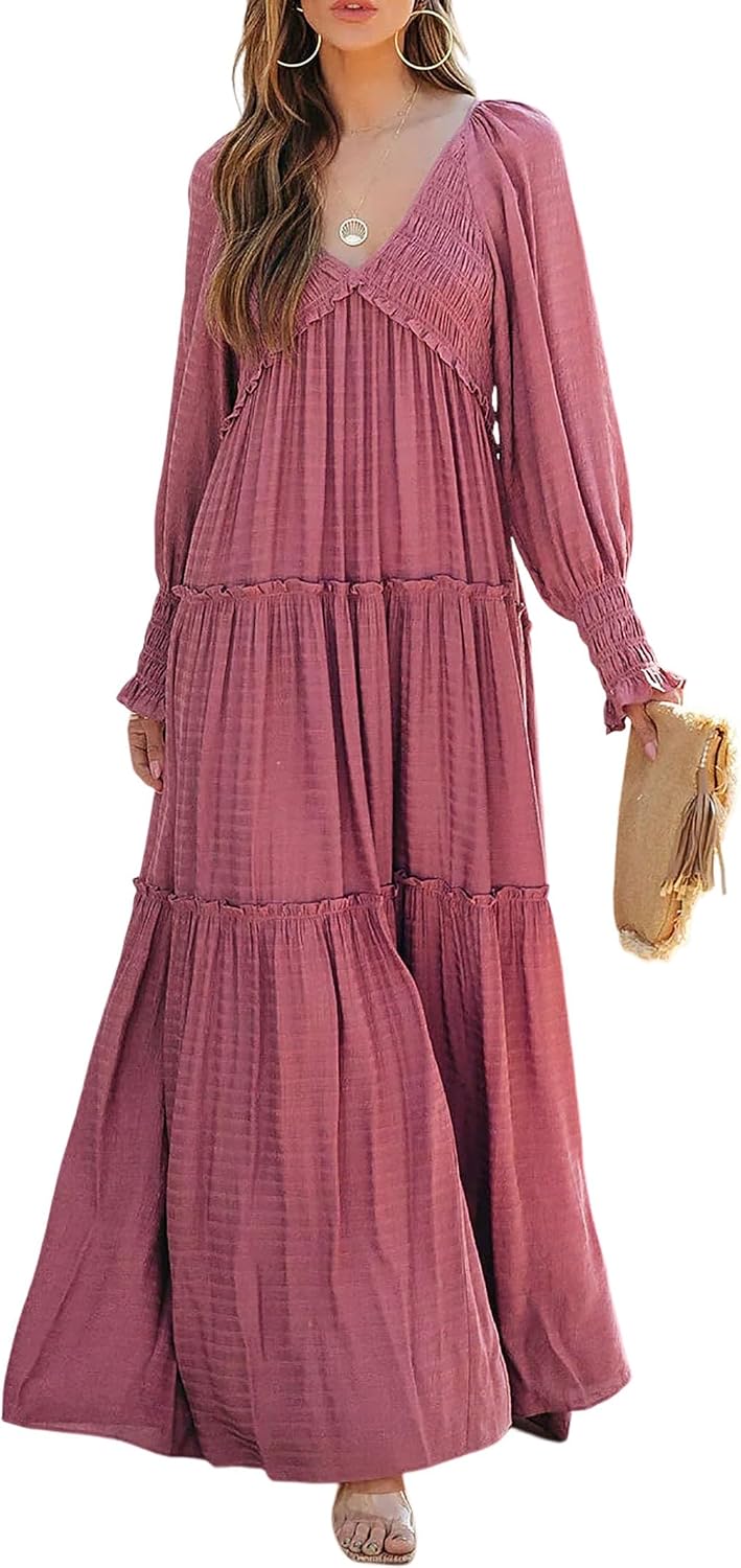 R.Vivimos Long Sleeve V Neck Flowy Maxi Dresses for Women | Lightweight Fabric, Empire Waist, Layered Ruffle Hem, Boho Casual Long Dress, Daily Wear, Beach Vacation Clothes