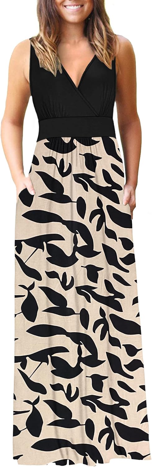 AUSELILY Maxi Dresses for Women Summer Casual Sleeveless V Neck Wrap Dress | Sleeveless Long maxi dress with wrap V neck & side pockets, for formal cocktail, beach & casual daily wear