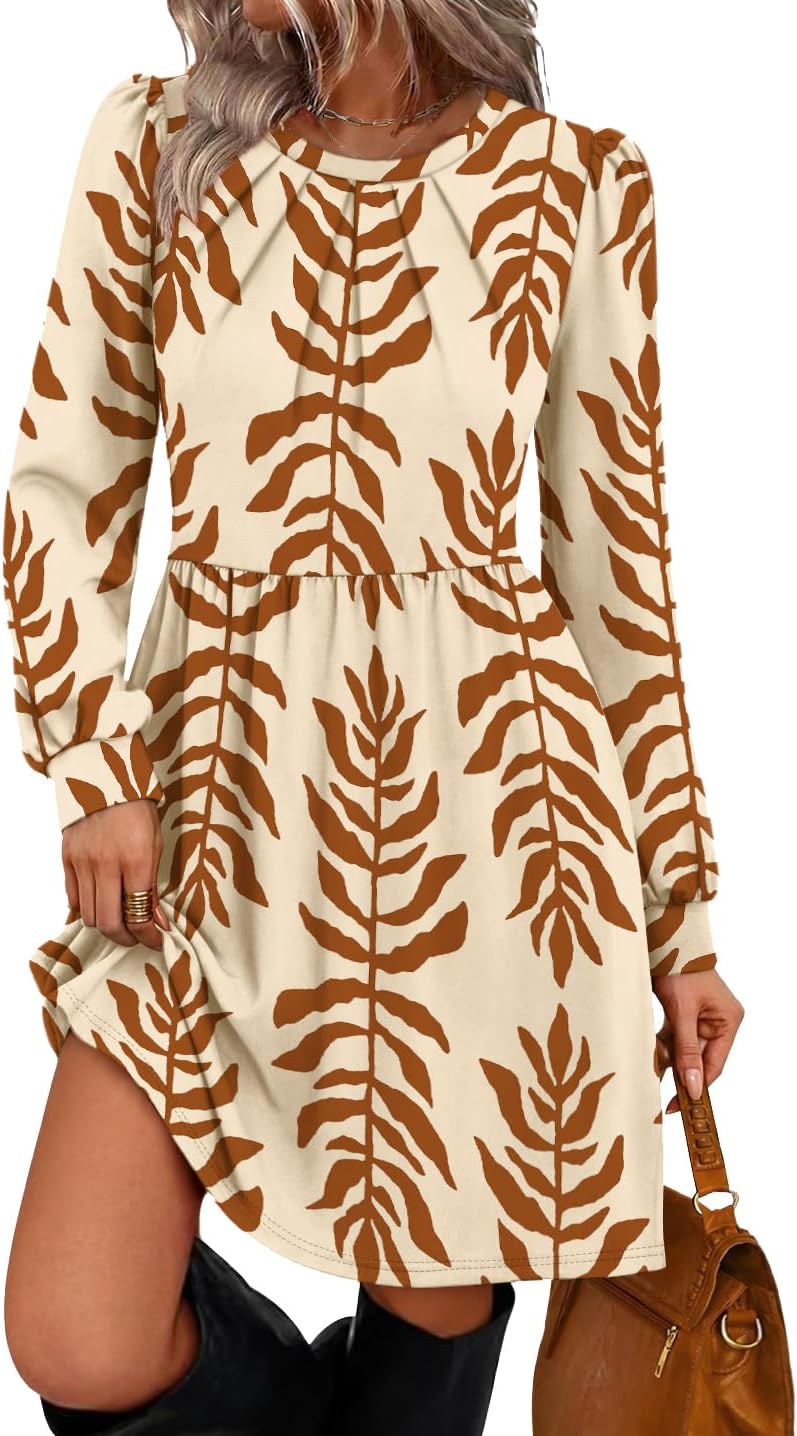 WIHOLL Womens Fall Dresses Long Sleeve Pleated Bust A-Line Pocket Dress | Puff Sleeve,Flattering Fit,Early Fall Fashion,Daily Wear,Business Casual,Front Pleated Detail,Soft Stretch