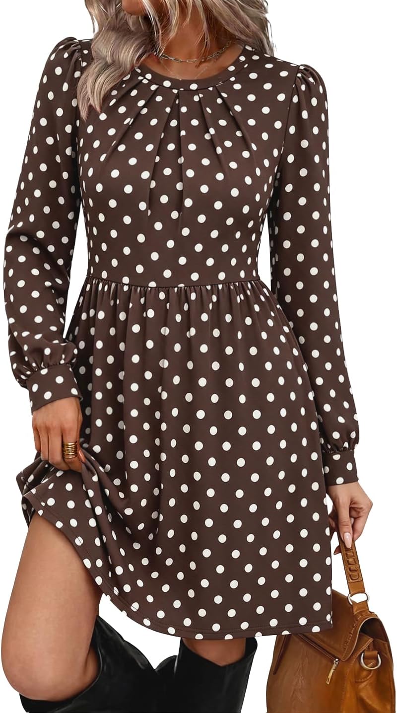 WIHOLL Womens Fall Dresses Long Sleeve Pleated Bust A-Line Pocket Dress | Puff Sleeve,Flattering Fit,Early Fall Fashion,Daily Wear,Business Casual,Front Pleated Detail,Soft Stretch
