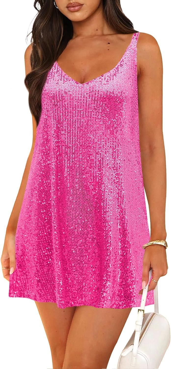 Pungdra Sequin Dress for Women Shift Sparkly Mini Dresses | V Neck,Backless,Loose,Sleeveless,Glitter Shift Dress,Sexy,Club Party Night Out Cocktail Disco Short Dresses.