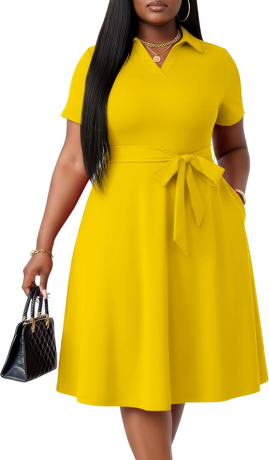 FANDEE Plus Size Dresses Women Summer Casual Church Dress with Belt | Women Summer Casual Church Dress V Neck Short Sleeve A-Line Work Cocktail Shirt Midi Dress with Belt and Pockets