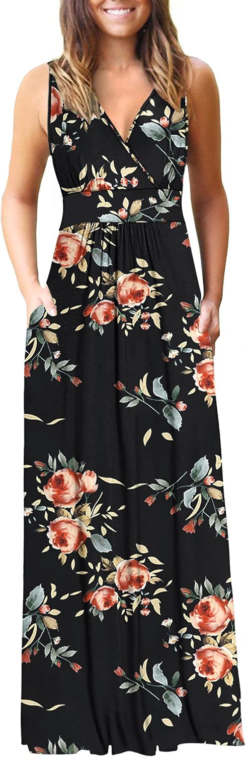 AUSELILY Maxi Dresses for Women Summer Casual Sleeveless V Neck Wrap Dress | Sleeveless Long maxi dress with wrap V neck & side pockets, for formal cocktail, beach & casual daily wear