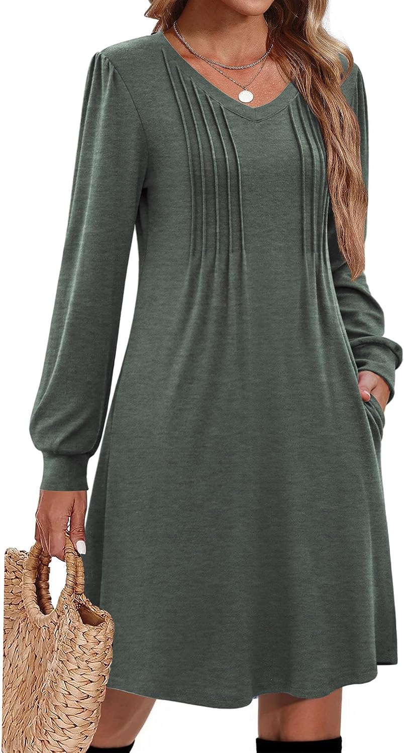 Zeagoo Fall Dresses for Women Long Sleeve Casual Pleated V Neck Dress 2026 A Line Tunic Dress