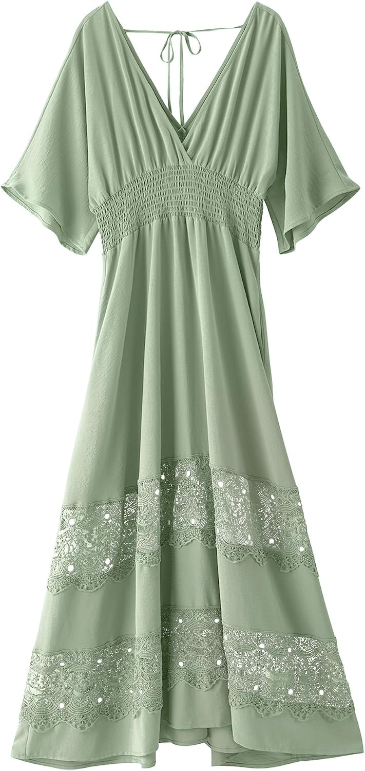 Olaesa Boho Maxi Dress V Neck Short Sleeve Lace Smocked Waist Flowy Dress | Wedding Guest Dress with Pockets, Summer Bohemian Vacation Dress, Elegant Party Dress for Family photo& Baby Shower