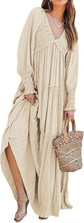 R.Vivimos Long Sleeve V Neck Flowy Maxi Dresses for Women | Lightweight Fabric, Empire Waist, Layered Ruffle Hem, Boho Casual Long Dress, Daily Wear, Beach Vacation Clothes