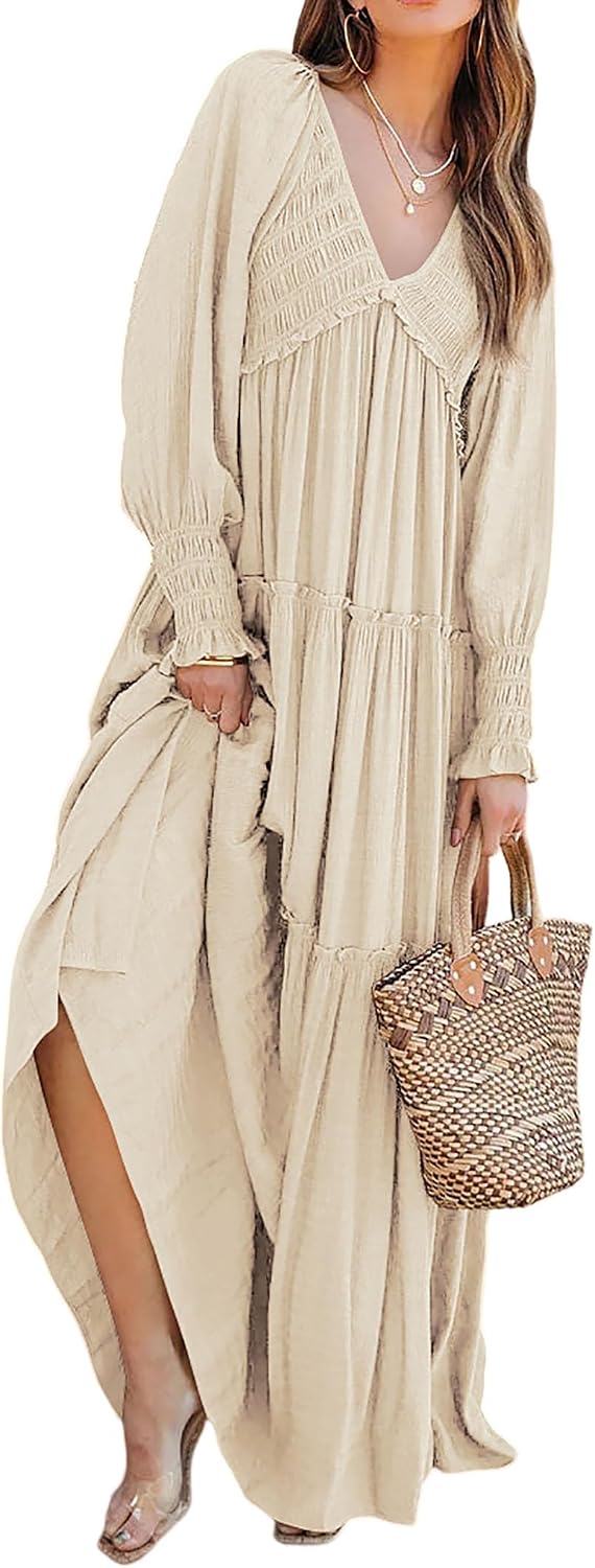 R.Vivimos Long Sleeve V Neck Flowy Maxi Dresses for Women | Lightweight Fabric, Empire Waist, Layered Ruffle Hem, Boho Casual Long Dress, Daily Wear, Beach Vacation Clothes