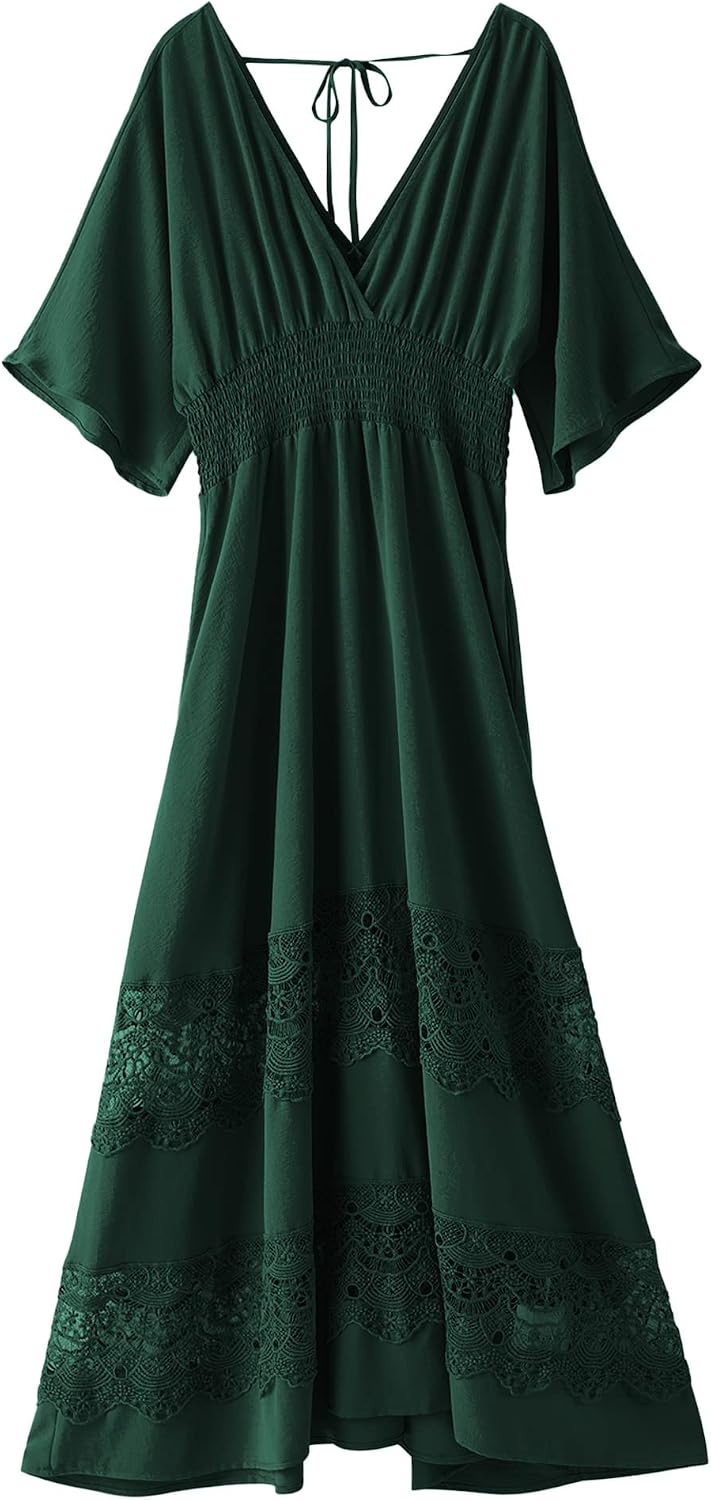 Olaesa Boho Maxi Dress V Neck Short Sleeve Lace Smocked Waist Flowy Dress | Wedding Guest Dress with Pockets, Summer Bohemian Vacation Dress, Elegant Party Dress for Family photo& Baby Shower