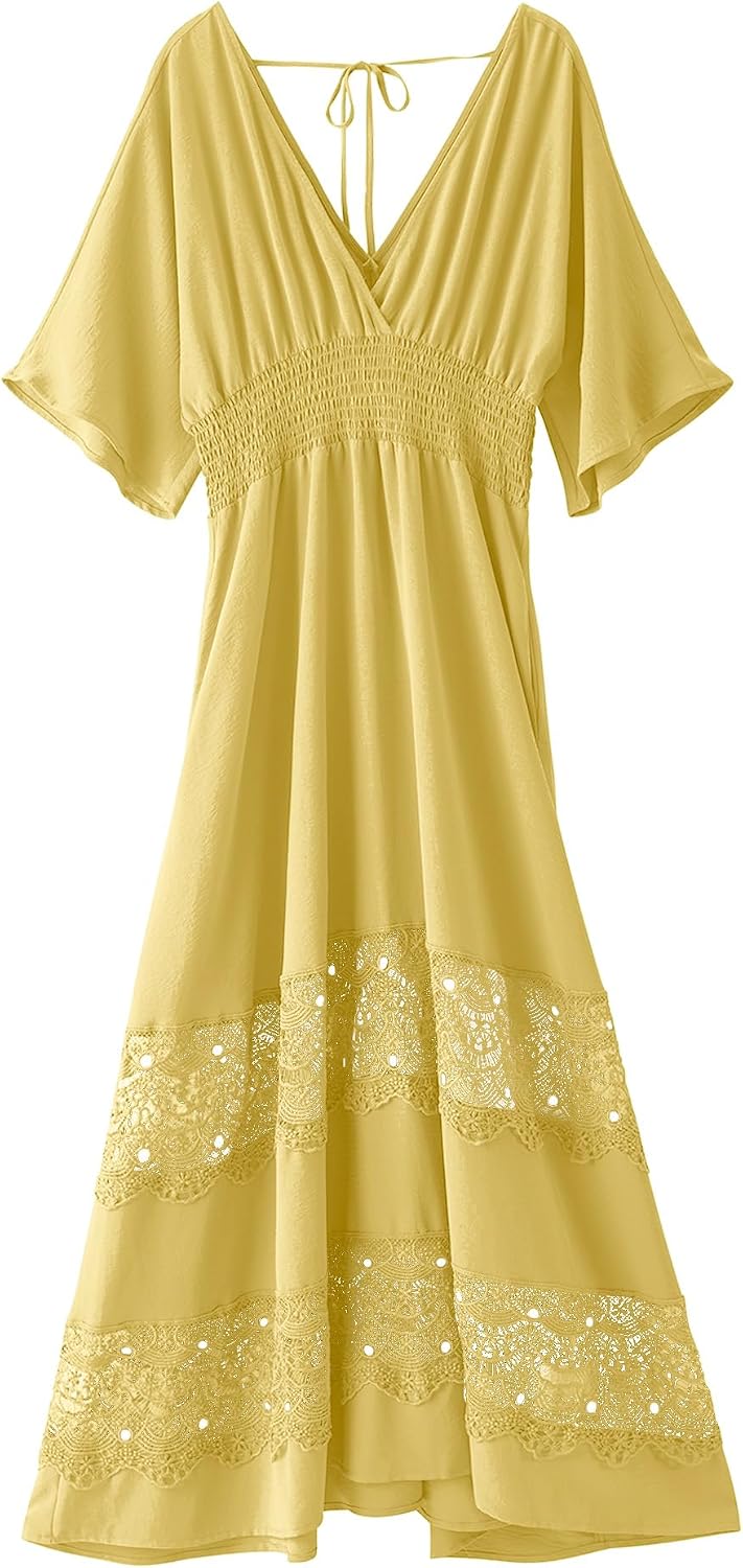 Olaesa Boho Maxi Dress V Neck Short Sleeve Lace Smocked Waist Flowy Dress | Wedding Guest Dress with Pockets, Summer Bohemian Vacation Dress, Elegant Party Dress for Family photo& Baby Shower