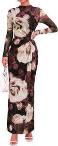 BTFBM Womens Sheer Mesh Maxi Fall Wedding Guest Dress Fashion Clothing 2026 | Mock Neck, Floral, Long Sleeve, Tropical, Ruched, Twist Knot, Wrap Hem, Graduation, Baby Shower, Long Formal Cocktail Dresses