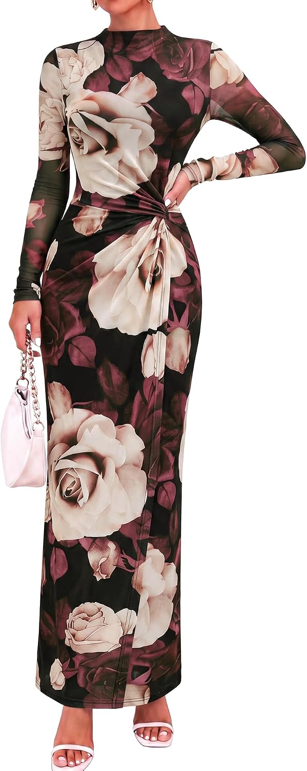 BTFBM Womens Sheer Mesh Maxi Fall Wedding Guest Dress Fashion Clothing 2026 | Mock Neck, Floral, Long Sleeve, Tropical, Ruched, Twist Knot, Wrap Hem, Graduation, Baby Shower, Long Formal Cocktail Dresses