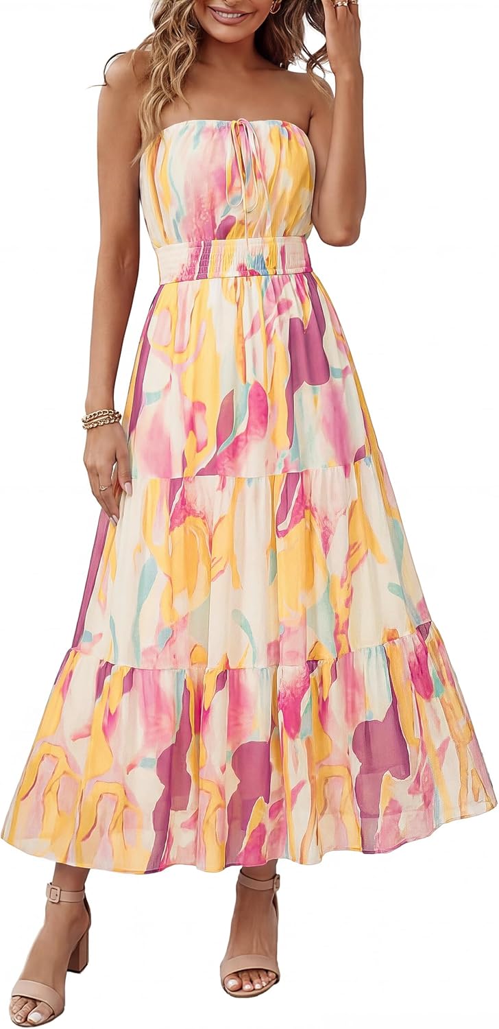 Simplee Women's Summer Maxi Dresses 2026 Elegant Strapless Boho Floral Mesh Vacation Beach Dress Wedding Guest Dresses
