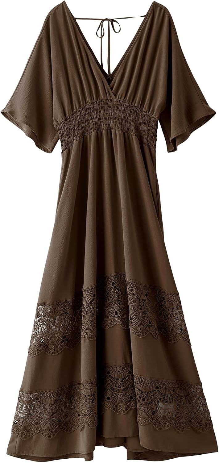 Olaesa Boho Maxi Dress V Neck Short Sleeve Lace Smocked Waist Flowy Dress | Wedding Guest Dress with Pockets, Summer Bohemian Vacation Dress, Elegant Party Dress for Family photo& Baby Shower