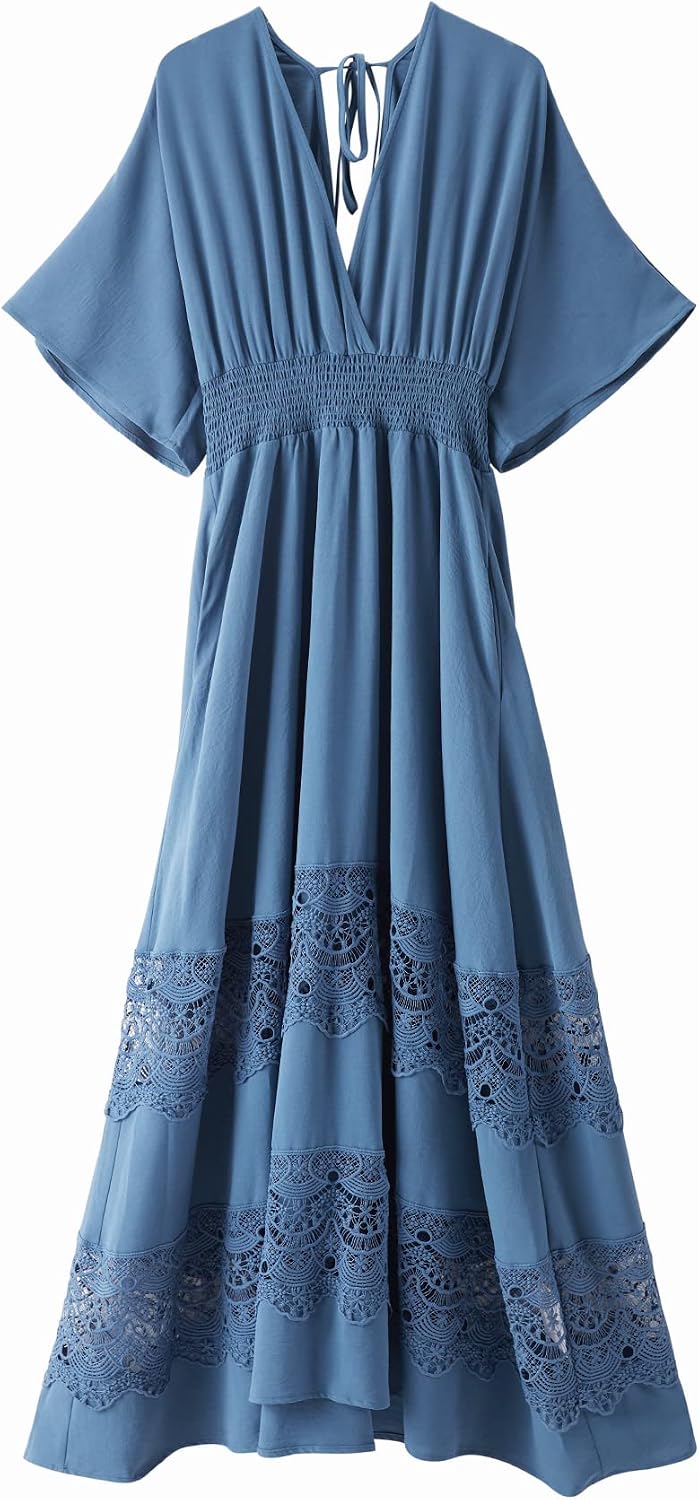 Olaesa Boho Maxi Dress V Neck Short Sleeve Lace Smocked Waist Flowy Dress | Wedding Guest Dress with Pockets, Summer Bohemian Vacation Dress, Elegant Party Dress for Family photo& Baby Shower