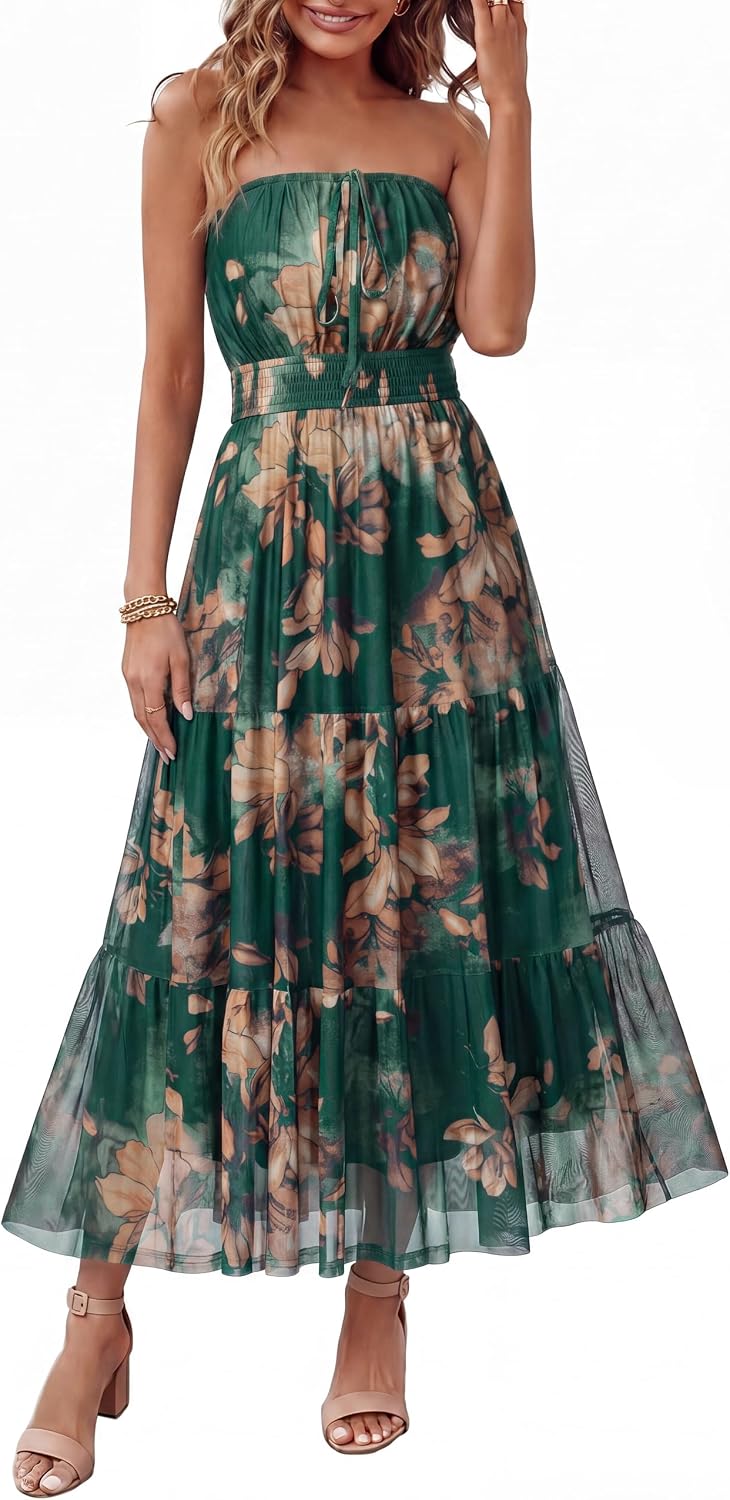 Simplee Women's Summer Maxi Dresses 2026 Elegant Strapless Boho Floral Mesh Vacation Beach Dress Wedding Guest Dresses