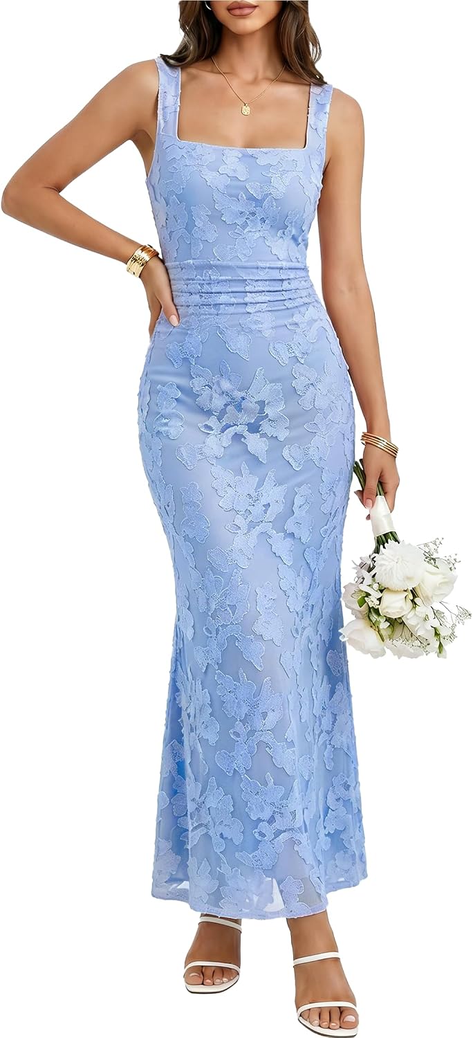 BORIFLORS Women's Bodycon Square Neck Floral Wedding Guest Maxi Dress | Ruched Cocktail Party Homecoming Long Formal Dresses