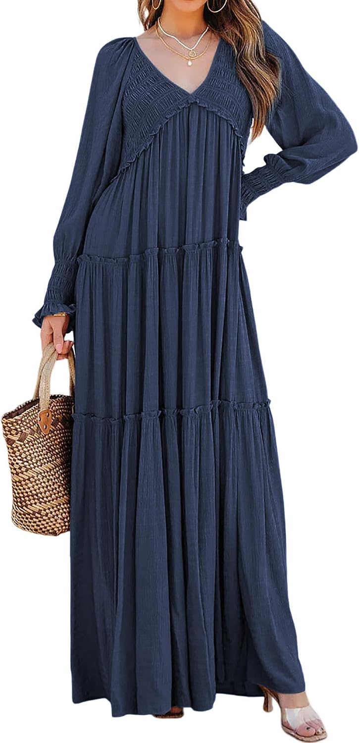 R.Vivimos Long Sleeve V Neck Flowy Maxi Dresses for Women | Lightweight Fabric, Empire Waist, Layered Ruffle Hem, Boho Casual Long Dress, Daily Wear, Beach Vacation Clothes