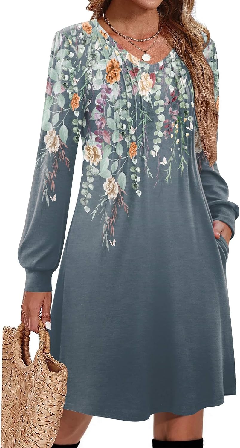 Zeagoo Fall Dresses for Women Long Sleeve Casual Pleated V Neck Dress 2026 A Line Tunic Dress