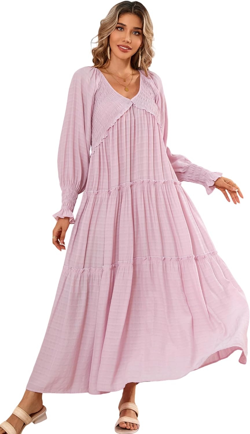 R.Vivimos Long Sleeve V Neck Flowy Maxi Dresses for Women | Lightweight Fabric, Empire Waist, Layered Ruffle Hem, Boho Casual Long Dress, Daily Wear, Beach Vacation Clothes