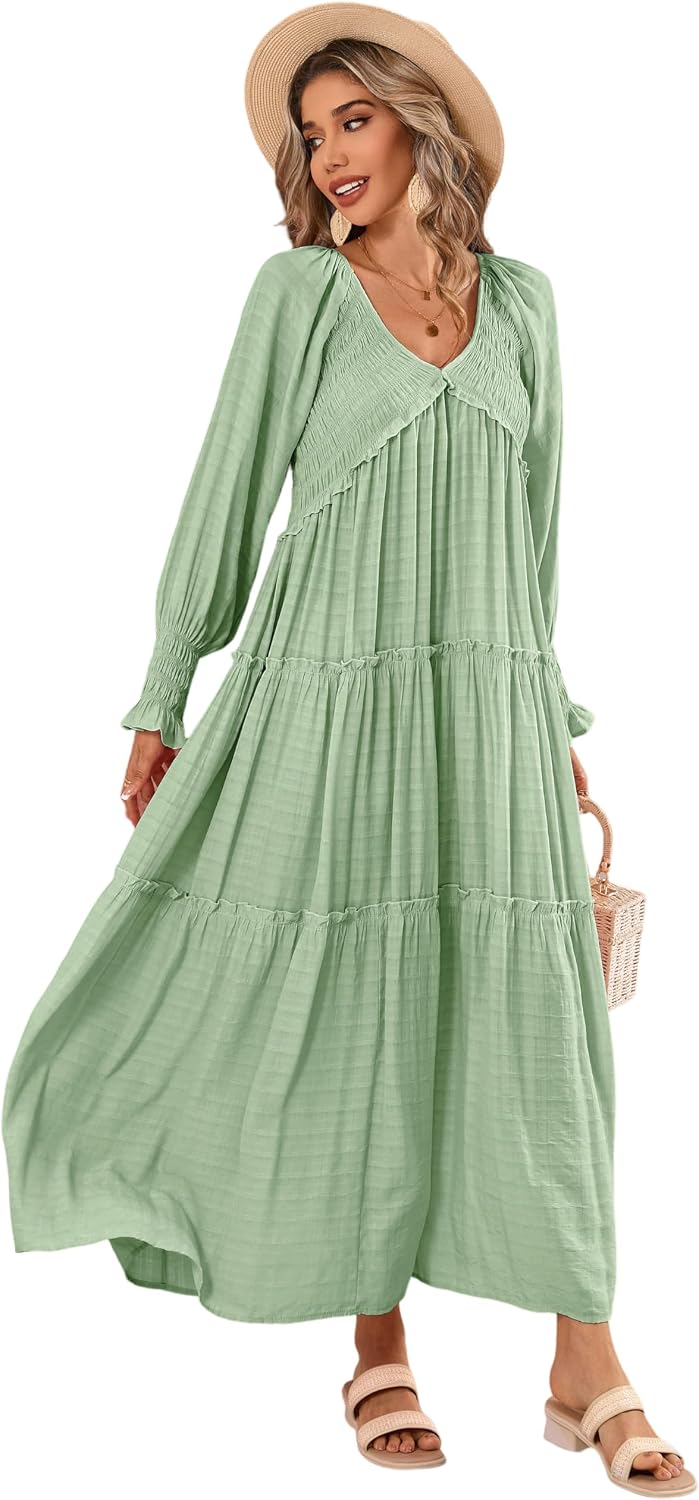 R.Vivimos Long Sleeve V Neck Flowy Maxi Dresses for Women | Lightweight Fabric, Empire Waist, Layered Ruffle Hem, Boho Casual Long Dress, Daily Wear, Beach Vacation Clothes
