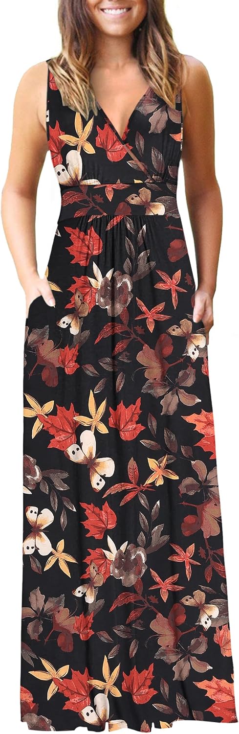 AUSELILY Maxi Dresses for Women Summer Casual Sleeveless V Neck Wrap Dress | Sleeveless Long maxi dress with wrap V neck & side pockets, for formal cocktail, beach & casual daily wear
