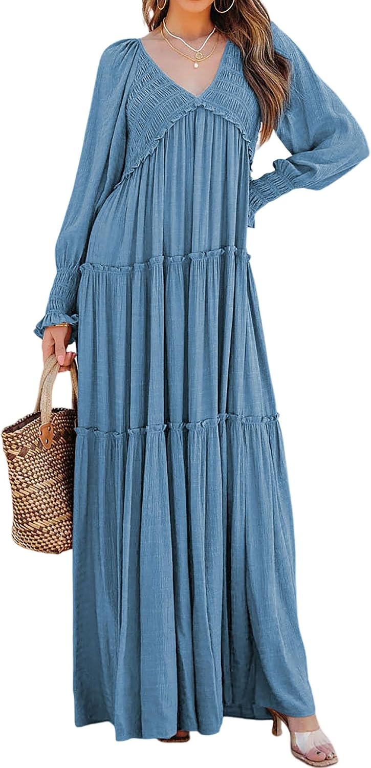 R.Vivimos Long Sleeve V Neck Flowy Maxi Dresses for Women | Lightweight Fabric, Empire Waist, Layered Ruffle Hem, Boho Casual Long Dress, Daily Wear, Beach Vacation Clothes