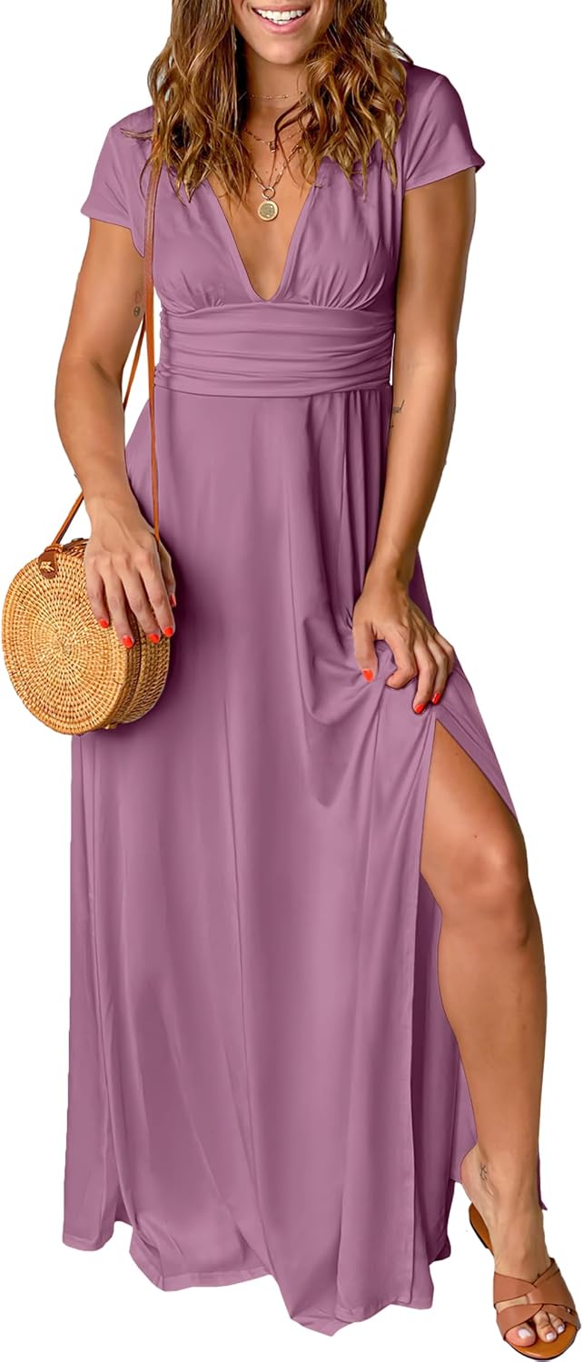 ANRABESS Women Deep V Neck Wedding Guest Formal Maxi Dress | Short Sleeve High Slit Slim Fit，Dressy Elegant Cocktail Evening Long Dress，Prom Party Summer Fall Outfits for Events