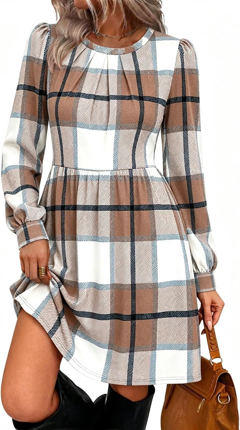 WIHOLL Womens Fall Dresses Long Sleeve Pleated Bust A-Line Pocket Dress | Puff Sleeve,Flattering Fit,Early Fall Fashion,Daily Wear,Business Casual,Front Pleated Detail,Soft Stretch