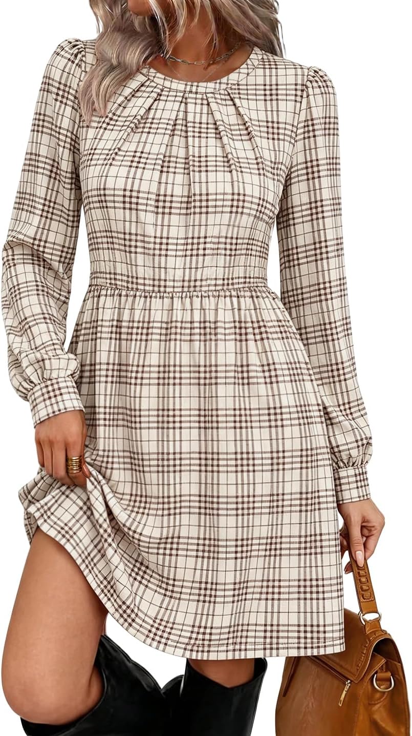 WIHOLL Womens Fall Dresses Long Sleeve Pleated Bust A-Line Pocket Dress | Puff Sleeve,Flattering Fit,Early Fall Fashion,Daily Wear,Business Casual,Front Pleated Detail,Soft Stretch