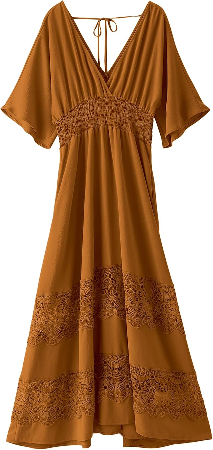 Olaesa Boho Maxi Dress V Neck Short Sleeve Lace Smocked Waist Flowy Dress | Wedding Guest Dress with Pockets, Summer Bohemian Vacation Dress, Elegant Party Dress for Family photo& Baby Shower