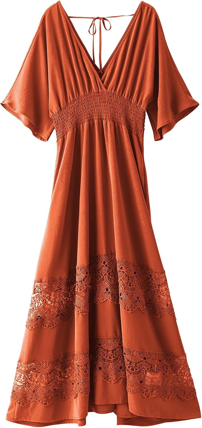 Olaesa Boho Maxi Dress V Neck Short Sleeve Lace Smocked Waist Flowy Dress | Wedding Guest Dress with Pockets, Summer Bohemian Vacation Dress, Elegant Party Dress for Family photo& Baby Shower