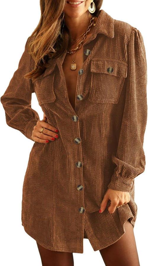 Alaster Queen Women's Corduroy Long Sleeve Button Work Tunic Short Dresses | Lapel V Neck Dress,Corduroy Fabric,Two Patch Pockets and Slant Pockets,Daily Wear,Outdoor,2026 Trendy Fall Winter Clothes