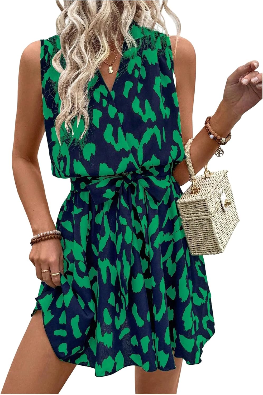 SOLY HUX Women's Summer Wrap Dress Flowy Belted Vacation Short Dresses | Printed, V Neck, A Line, Sleeveless, Resort Wear for Women