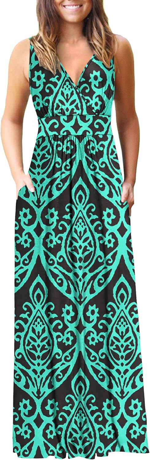 AUSELILY Maxi Dresses for Women Summer Casual Sleeveless V Neck Wrap Dress | Sleeveless Long maxi dress with wrap V neck & side pockets, for formal cocktail, beach & casual daily wear