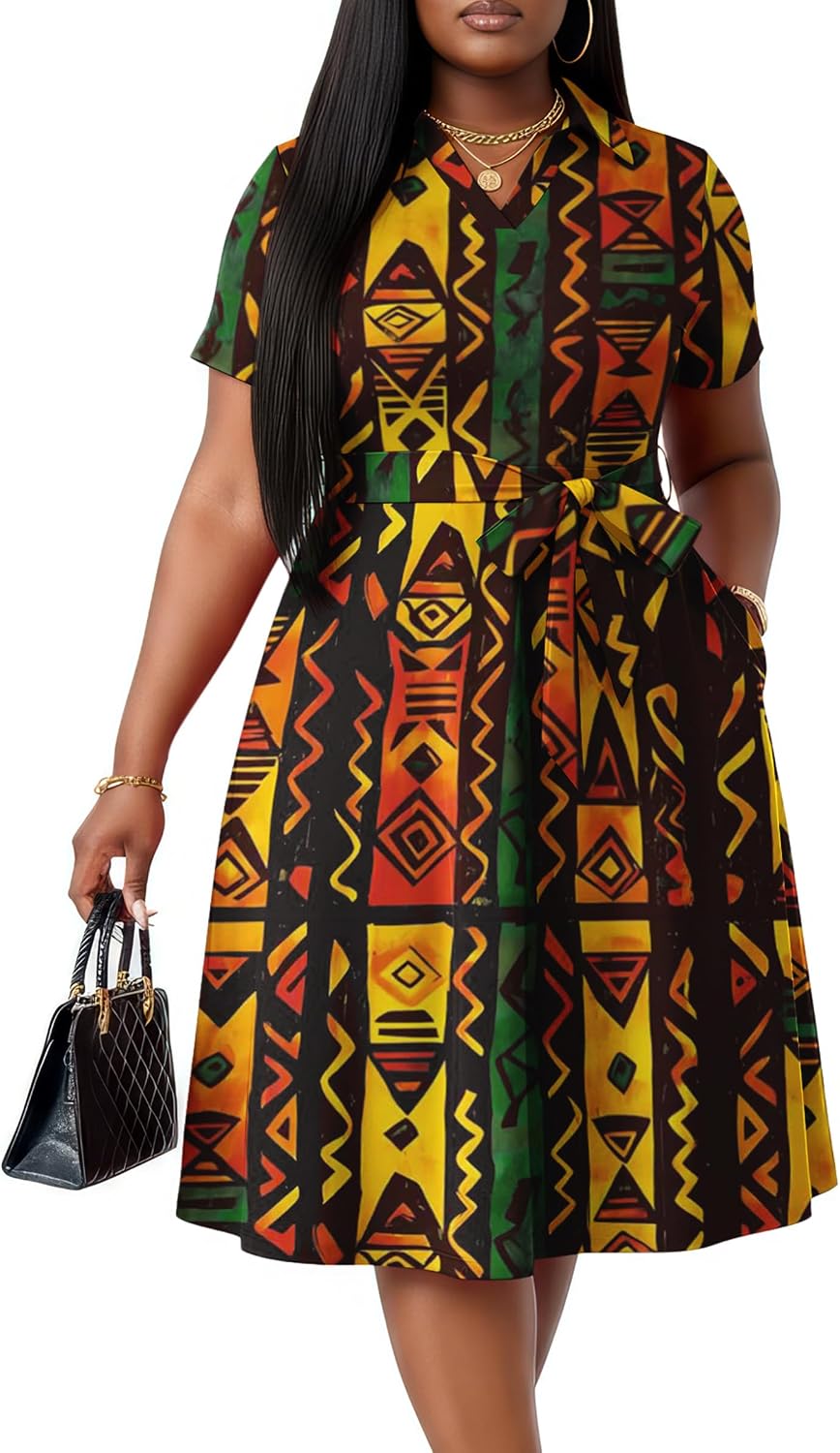 FANDEE Plus Size Dresses Women Summer Casual Church Dress with Belt | Women Summer Casual Church Dress V Neck Short Sleeve A-Line Work Cocktail Shirt Midi Dress with Belt and Pockets